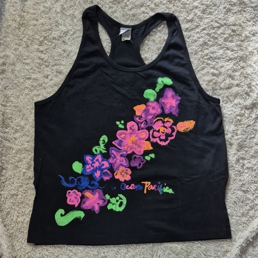 vtg 80s OP neon Floral Swim coverup OS Vintage Ocean Pacific Beachwear Tank Top
